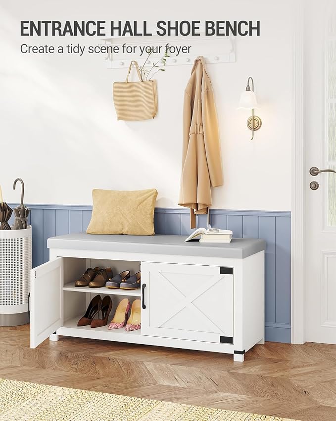 Hzuaneri 39.4" Shoe Storage Bench, with Soft Padded Seat Cushion & Doors | 2 Tier Entryway Storage Bench with Adjustable Shelf, Farmhouse Shoe Cabinet for Living room, Bedroom, White SB26603GY