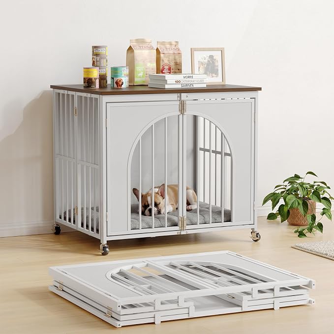 ONBRILL 31" Heavy Duty Foldable Dog Crate Furniture, Small Dogs, White | Fold it away when needed, while removable wheels and spring locks make everyday use more convenient