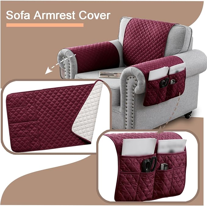 Water-Resistant Sofa Armrest and Headrest Covers with Side Pocket | Keep remotes close quilted polyester helps guard against wear, pet scratches, and kids' messes silicone backing adds grip