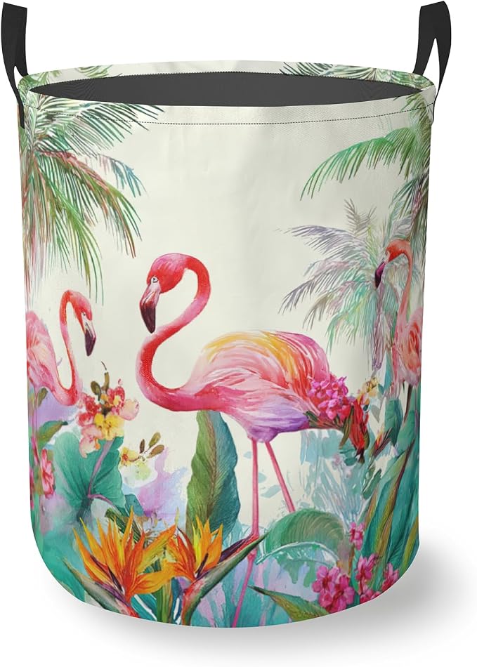 Laundry Basket With Handle, Dirty Clothes Laundry Hamper, Oxford Cloth Bin Storage Organizer for Toy Collection (Palm Tree Flamingo)