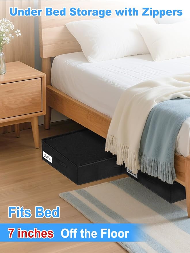 6.7-in Under Bed Storage Bin with Lid, Rigid Sides,2 Pack, Black | Zipped Lid, Rigid Sides & Bottom, Large Clothes Organizer Box, Off-season Storage, Bedrooms, Dorms Organization