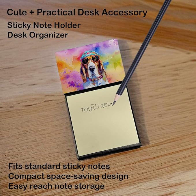 Caroline's Treasures Basset Hound Hippie Dawg Sticky Note Holder Refillable Dispenser Self-Sticky Note Pads, Memo Pads Blank Desk Accessories