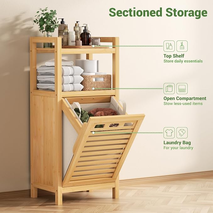 Homykic Tilt Out Laundry Hamper Cabinet, 10 Gal Bamboo Laundry Organizer | Wooden Laundry Basket with Removable Bag, Hidden Hamper with Shelf for Clothes, Bathroom, Laundry Room, Bedroom, Space Saving
