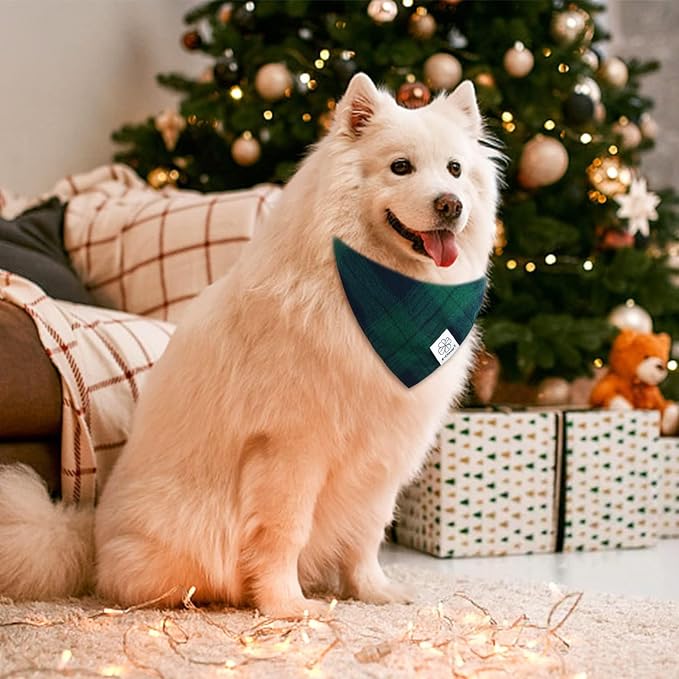 E-Clover Christmas Green Dog Bandanas Matching Dog Bandana and Scrunchie | Green Plaid Dog Bandana Matching Dog and Owner Clothes Dog Mom Gifts Dog Bandanas Girl Boy