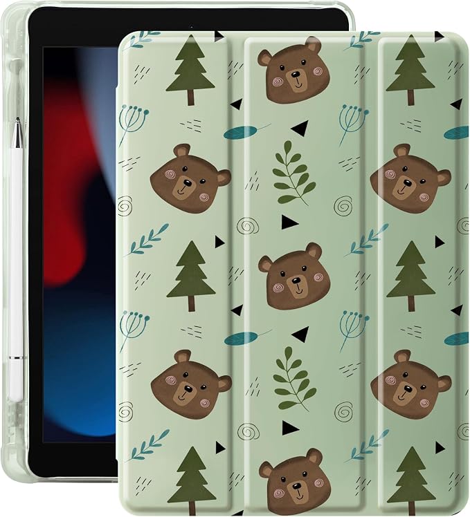 Cute Kawaii Bear Case for 10.9" iPad Air 4 2020/iPad Air 5 2022, Clear TPU Smart Stand Back Cover with Pencil Holder, Auto Wake/Sleep Foldable Shockproof Protective Case