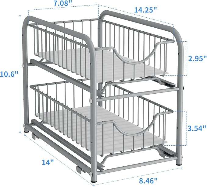 2-Tier Pull Out Organizer Under Sink Sliding Cabinet Rack,Sliver | Stackable sliding basket metal organizer with adjustable height and anti slip pad. Ideal for under sink or cabinet storage.