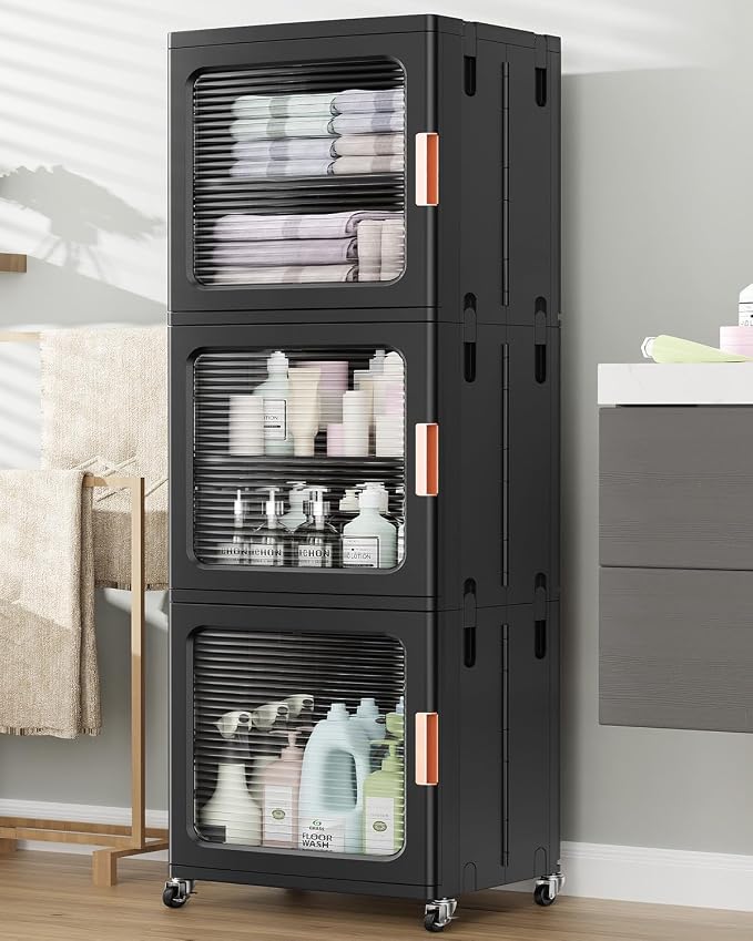 BROVIEW 3-Tier Tall Narrow Storage Cabinet 14.6” Wide, Slim Bathroom Cabinets with Adjustable Shelves and Doors, Plastic Kitchen Pantry Organizers and Storages for Small Space, Laundry, Black