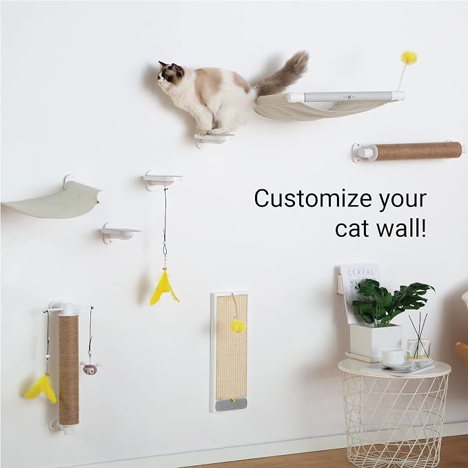 (2-PACK Cat Wall Steps, Cat Climbing Stairs with Replaceable Felt Pad, Cat Climbing Shelves for Wall Mounted with Cat Toy, Cat wall furniture for Kitten, Medium and Large Cats (White)