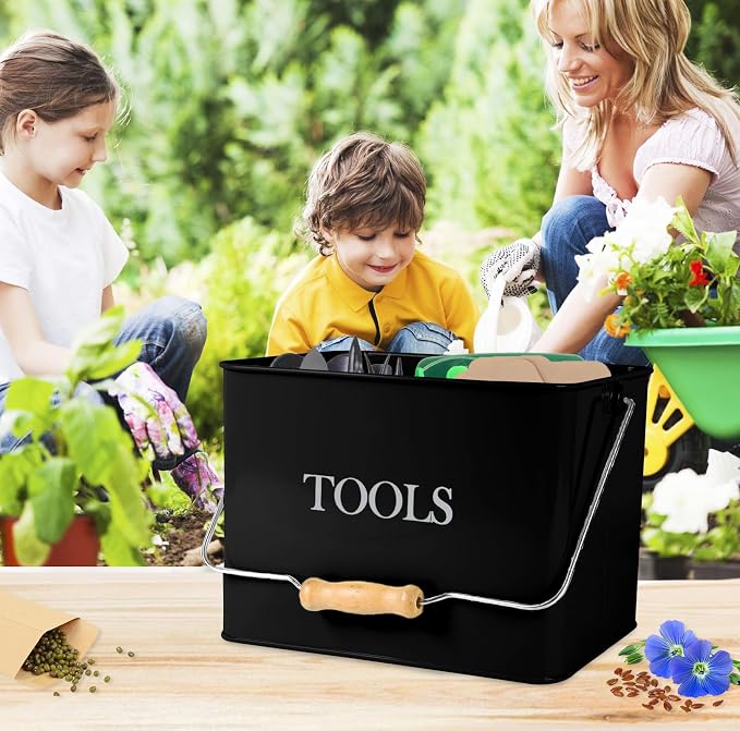 Garden Tool Organizer - Metal Caddy With 3 Compartments, Portable Basket With Handle, Kit Holder Empty, Storage for Indoor and Outdoor Use - Black
