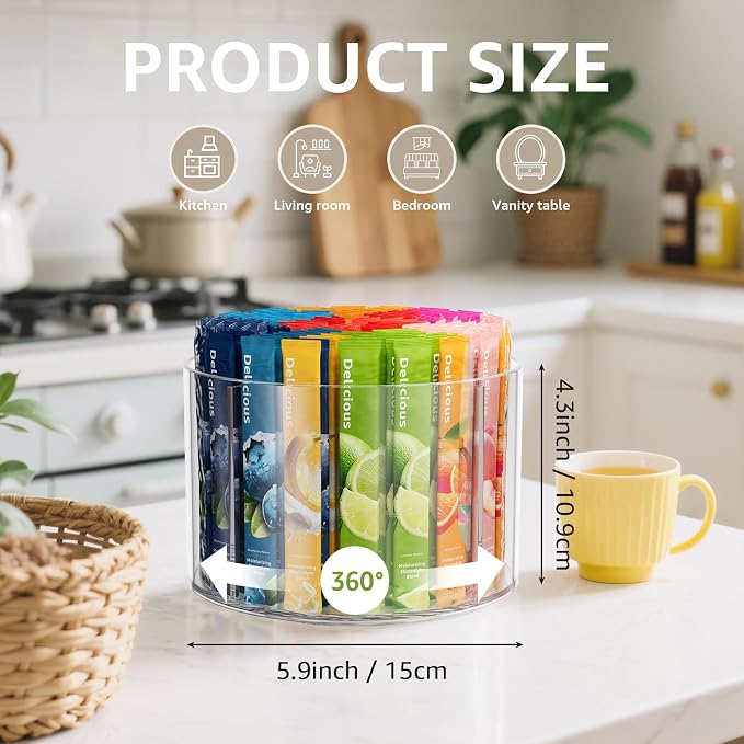 2-Pack Divided Drink Packet Organizer, Rotating Turntable Organizer | Spinning Powdered Drink Mix Holder, Clear Lazy Susan Turntable, Divided Water Drink Packet Storage Organizer