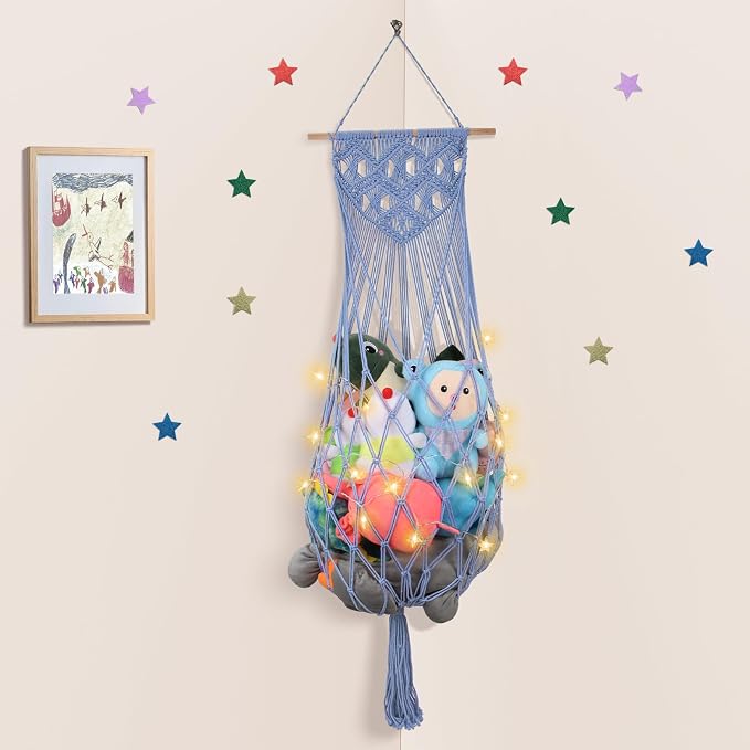 63 Inch Stuffed Animal Storage Hammock Corner, Stuffy Plushie Net,Blue | Wall Ceiling Over Door Hanging Toy Hammock for Stuffed Animals,Plushies Organizer w/ Star Lights,Nursery Kid Room Decor Gift