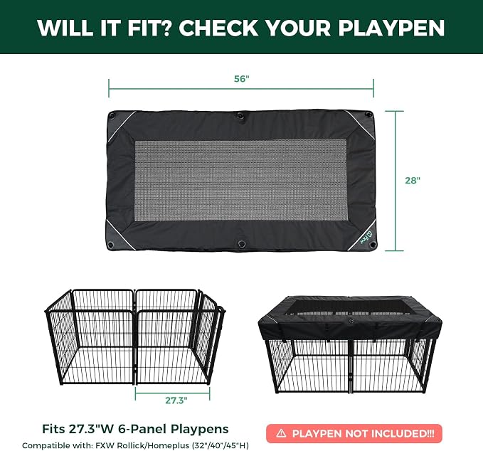 FXW Mesh Top Cover for 32"/40"/45" H 6-Panel Dog Playpen, Rectangle | Helps Deter Jump-Outs, Tear-Resistant, Quick Setup, Compact Storage, Fits FXW Only, Playpen Not Included