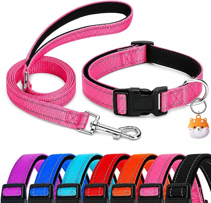 Reflective Soft Neoprene Padded Matching Dog Collar with Leash Airtag Holder Case Set Safety Breathable Adjustable Nylon Dog Collars for X-Small Small Medium Large Dogs-Pink-XS