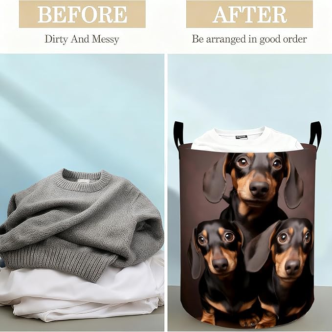 Dachshund Laundry Basket Hamper for Boys Girls Kids Adults, Foldable Waterproof Oxford Clothes Storage Bin, Dog Organizer for Bedroom Bathroom Room Decor 19.7"x15.8"