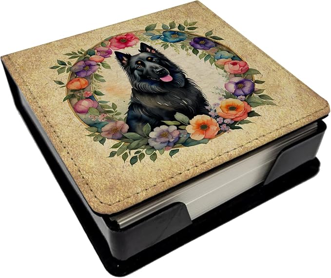 Caroline's Treasures Belgian Sheepdog and Flowers PU Leather Note Paper Holder with Artist-Designed Cover, Desk Accessory, Office Gift