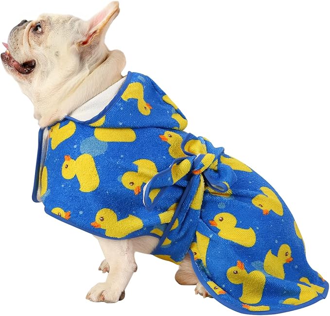HDE Dog Bathrobe Super Absorbent Quick Drying Puppy Towel Wrap Coat Adjustable After Bath Robes with Hood for Dog Sizes S-XXL Blue Rubber Ducks M