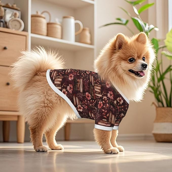 Vintage Floral Bookshelf Dog T Shirt Dogs Cats Cotton Shirts Short Sleeve Clothes Soft Stretchy Pet Costume Doggy Outfit Pullover Jumper Puppy Sweatshirt Large