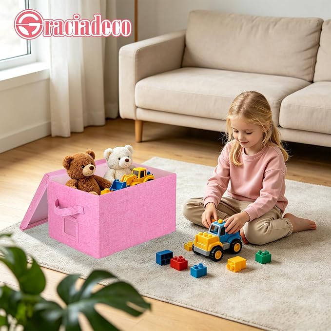 Storage Bins With Lids Closet Organizer Cabinet Box For Clothes,Toys,Shelf | 2 Pack, 17"X 12"X 2", Collapsible, Stackable, Dustproof, Built-In Handle, Label Slot, Linen Fabric, Cardboards, Pink