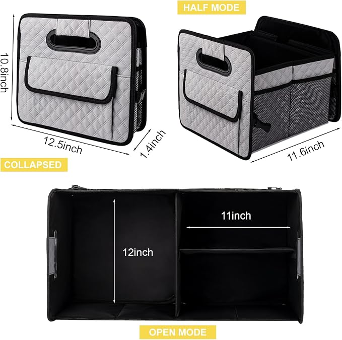 Car Trunk Organizer for SUV, Collapsible Car Storage Organizer Light Grey | Sturdy, Large Capacity, Diamond Decor, Multi Compartment Container Box Adjustable Car Accessories for Sedan Truck