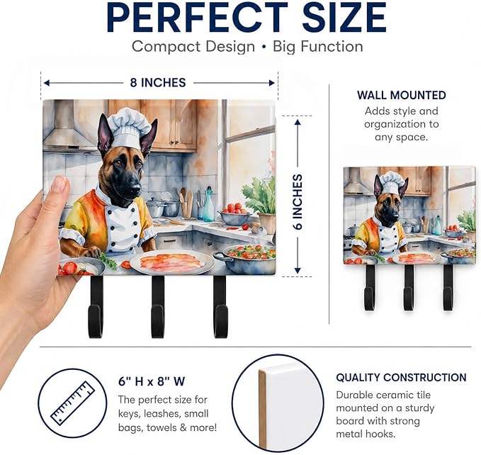 Caroline's Treasures Belgian Malinois The Chef Leash or Key Holder Wall Hooks, Key Hooks Holder, Coat Rack Wall Mount, Coat Hooks, Hooks for Hanging Keys, Towels, Aprons, Leashes | Belgian Malinois The Chef artwork on ceramic tile with three steel hook...