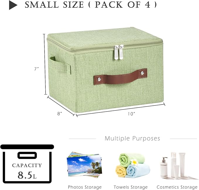 4PCS Storage Bins with Zipper Lids Decorative Lidded Basket Box | Clothes Container, Closet Shelf Organizer, Foldable Washable, Cotton Linen Fabric, w/ PU Leather Handles, Green, Small