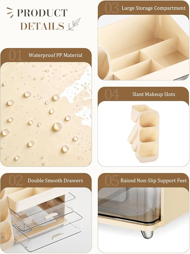 Large Makeup Organizer Countertop for Vanity Skincare Organizers Cream | Acrylic Cosmetic Display Case with Drawers Brush Holder, Dorm Bathroom Counter Organizer for Perfume, Nail Polishes, Lipstick