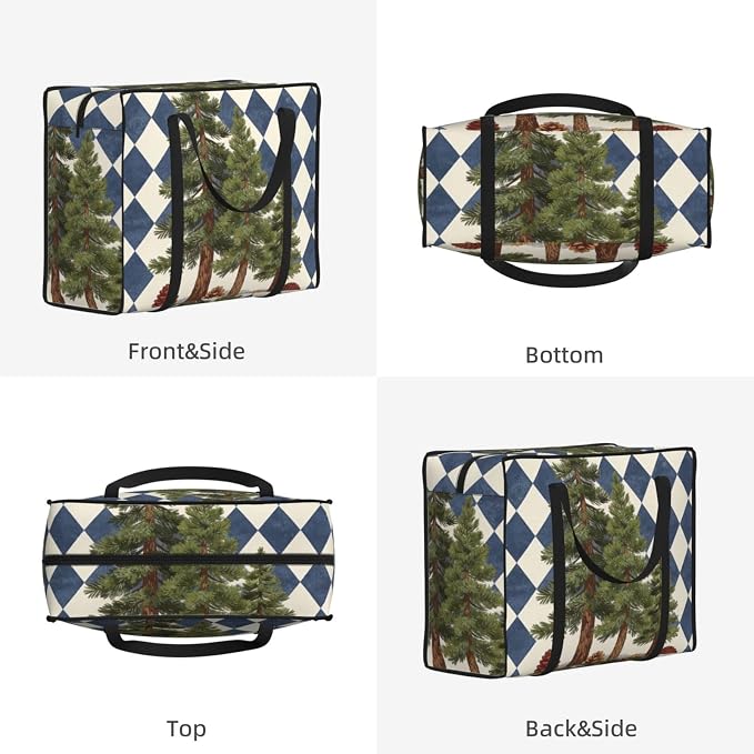 Extra Large Carry Tote Bags Pine Trees With Pinecones On Blue Checkered, Reusable Washable Oxford Fabric Duffle Bag for Laundry Organization and Travel Luggage