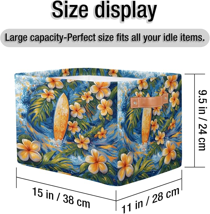 Hawaiian Plumeria Flowers Storage Boxes Theme Storage Nursery Baskets with Handle Closet Collapsible Organizer Shelf Bins for Book Cloth 15x11x9.5 IN