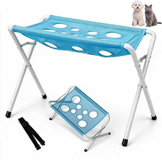 Pet Grooming Hammock for Dogs, Foldable Bath Stand (Blue) | Foldable pet bathing stand, 8-hole mesh sling, Small dogs and cats, Holds up to 44 lbs
