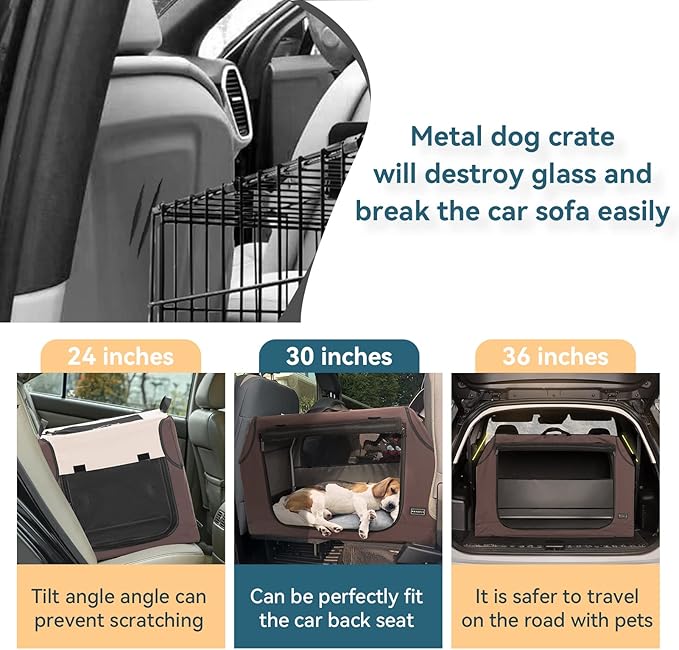 PETSFIT Portable Dog Crate, Soft Sided Dog Crate - 36 Inch Sturdy Adjustable Structure, Easy to Set Up, Collapsible Dog Car Kennel, Light Tough with 3 Mesh Doors Brown