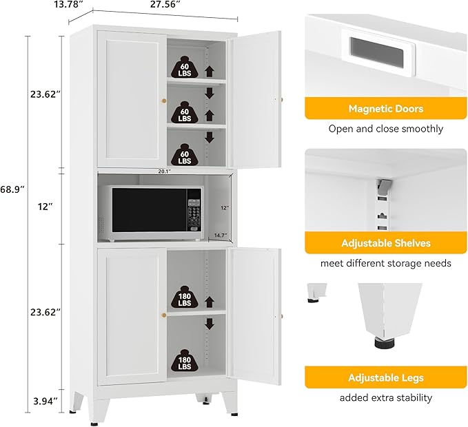 YAUWOH 69" Tall Metal Kitchen Pantry Cabinet with Microwave Shelf, 4 Doors & 3 Adjustable Shelves, Heavy Duty Food Storage Cabinet with Anti-Tip Design for Kitchen,Dining Room (1PC,White)