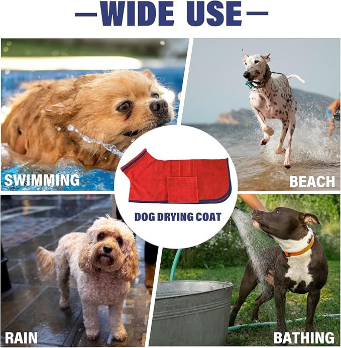 Dog Drying Coat - Fast Drying Dog Towel Robe - Microfiber Super Absorbent Pet Bathrobe, Adjustable Collar & Belly Strap Fast Drying Bath Robe Towel (Large, Red)