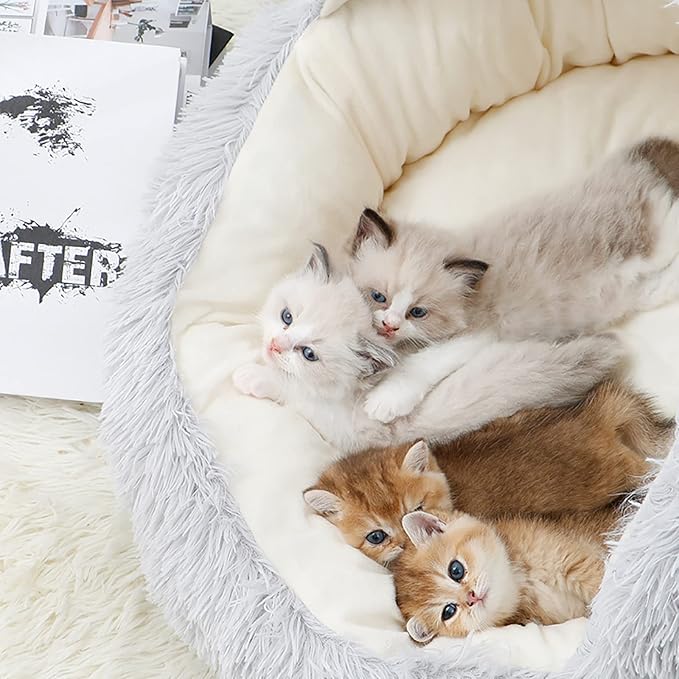 15.8'' Soft Round Plush Faux Fur Pet Bed for Cats or Small Dogs, Anti-Anxiety Cat Bed Puppy Bed, Washable Fluffy Anti-Slip Mute Base, Soft Pet Round Bed, Snooze Sleeping Cozy Kitty Kennel