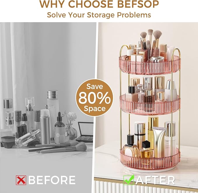 360° Rotating Makeup Organizer, Upgraded 3 Tier Skincare Perfume Organizers for Women, Bathroom Organizer Countertop, Clear Cosmetic Dresser Organizer with Makeup Brush Holder Counter(Clear Pink)