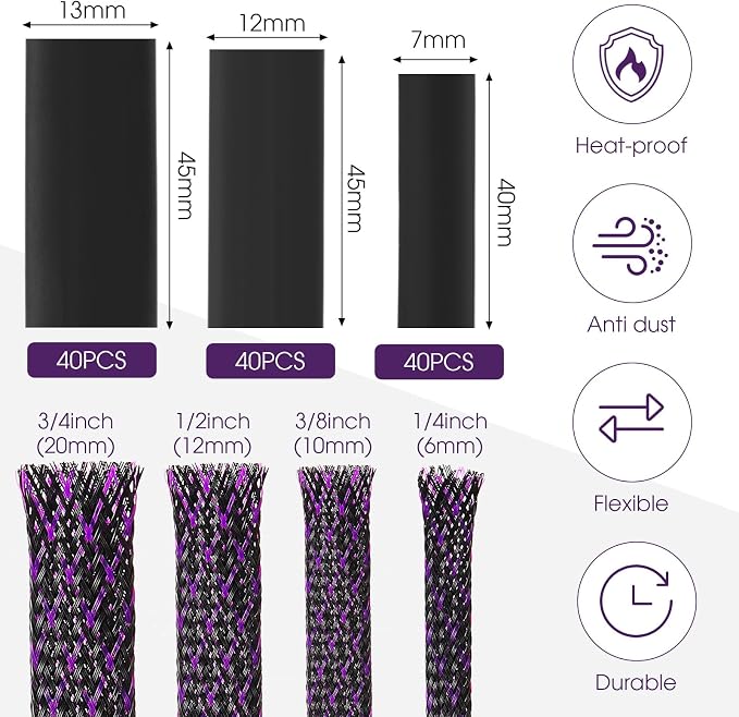 Tatuo 65.6 ft Braided Cable Sleeve Expandable Wire Sheathing (Purple) | with 120 Heat Shrink Tubing 1/4 in 2/5 in 1/2 in 3/4 in Wire Sleeve Cord Management for Television Audio Computer Video Pets