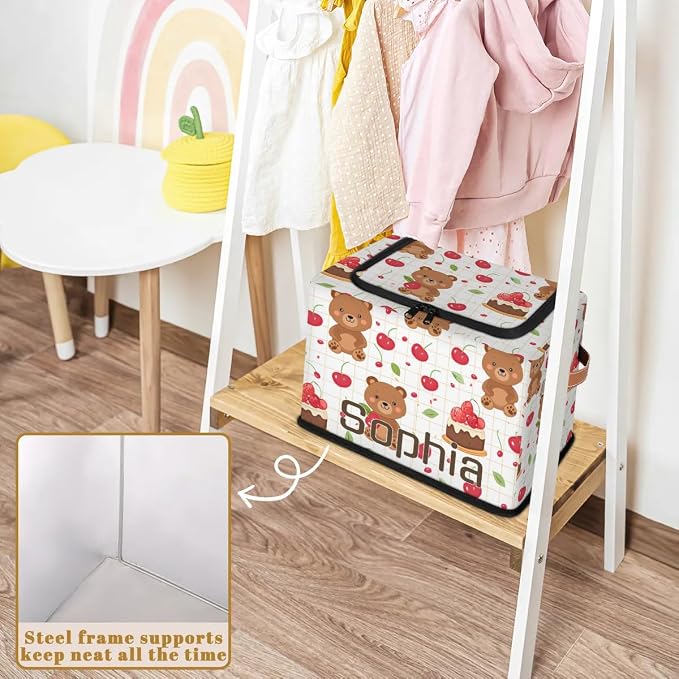 Custom Cute Bear Storage-Bin With Zipper Lid for Kids-Girls-Boys-Baby-Pet,Personalized Name Foldable Storage Box with Handle,Baby Basket With Label for Bedroom Nursery Toy Clothes,White 2