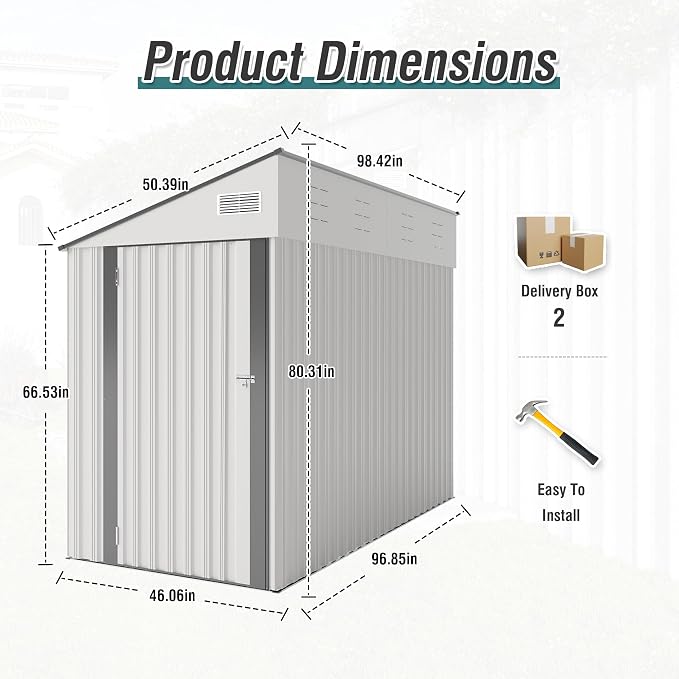 4x8FT Metal Storage Shed, Sloping Roof, Single Hinge Door, White | Outdoor Tool Shed | Ventilation Windows | Waterproof | Protective Film | for Patio, Lawn and Utility Equipment