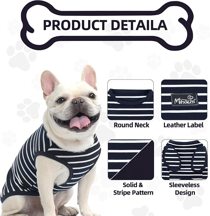 MIHACHI Dog Shirts Cotton Striped T-Shirt, Summer Pet Clothes for Small Dogs, 2-Pack Soft Puppy Apparel Cat Tee, Sleeveless Lightweight, Quick Dry, Breathable,Stretchy for, Navy Blue S