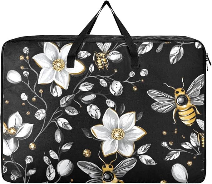 Comforter Storage Bags Large Folding Blanket Organizer Bag with Strong Handles Clear Window Closet Storage Containers for Clothes King Queen Pillows Bedding Quilt Duvet Diamonds Bees Flower