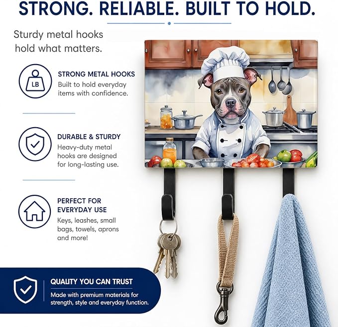 Caroline's Treasures Pit Bull Terrier The Chef Leash or Key Holder Wall Hooks, Key Hooks Holder, Coat Rack Wall Mount, Coat Hooks, Hooks for Hanging Keys, Towels, Aprons, Leashes | Pit Bull Terrier The Chef artwork on ceramic tile with three steel hook...