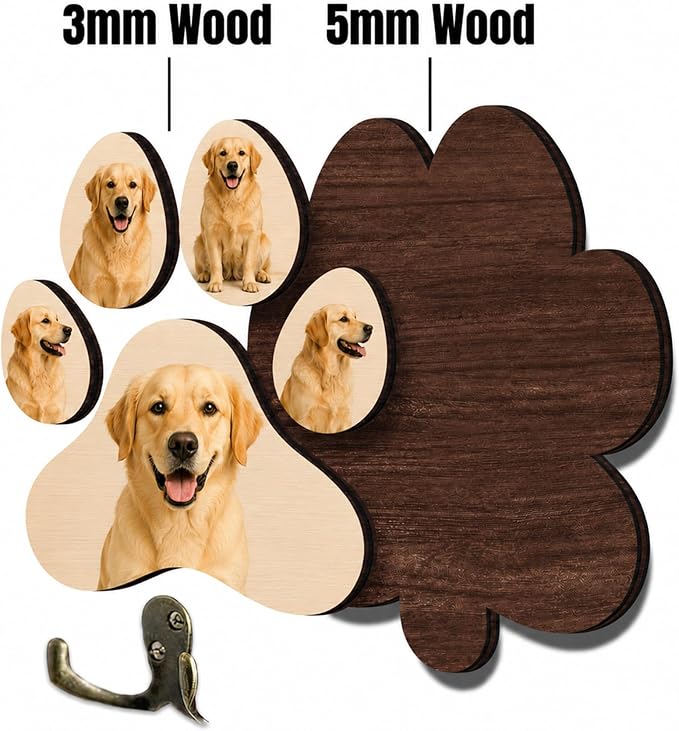 Personalized Paw Print Leash Holder for Wall Mount, Custom Wooden Dog Key Holder with Custom Photo, Pet Collar and Harness Organizer for Entryway, Key Hook Gift for Pet Lovers & Dog Owners, Home Décor
