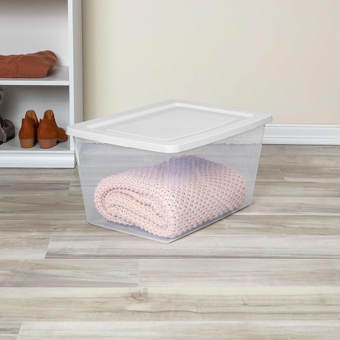 Sterilite Clear Storage Box Stackable Tote, 58 Quart, 18-Pack | Clear Plastic Container with Secure Snapping Lids for Home and Office Organization, White
