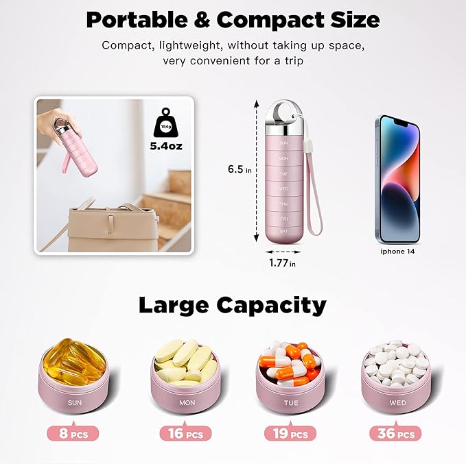 Zannaki Metal Travel Pill Organizer, Portable Waterproof Weekly Pill Box, Large Aluminum Alloy Container, BPA Free 7 Day Daily Medicine Organizer Holder for Vitamin, Fish Oil, Supplement