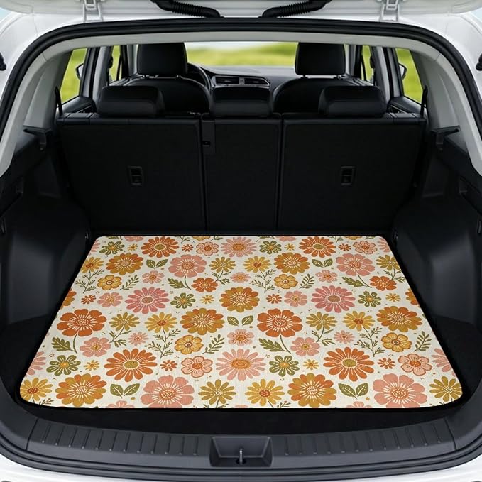 Howilath All Weather Car Trunk Liner Non-Slip Vintage Orange Floral Rear Trunk Mat Durable Polyester Carpet Auto Interior Accessory 29"x39"