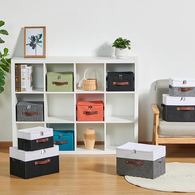 Storage Bins with Zipper Lids Decorative Lidded Baskets Boxes | Clothes Container, Closet Shelf Organizer, Foldable Washable, Cotton Linen Fabric, w/ PU Leather Handles, Black White, Small