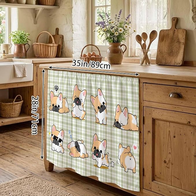 Cute Puppy Oven Skirt Curtain for Kitchen Decor 28"x35", Sage Green Plaid Modern Funny Dogs Pet Self Adhesive Stove Curtains Skirt Cabinet Curtains for Bathroom Laundry Room