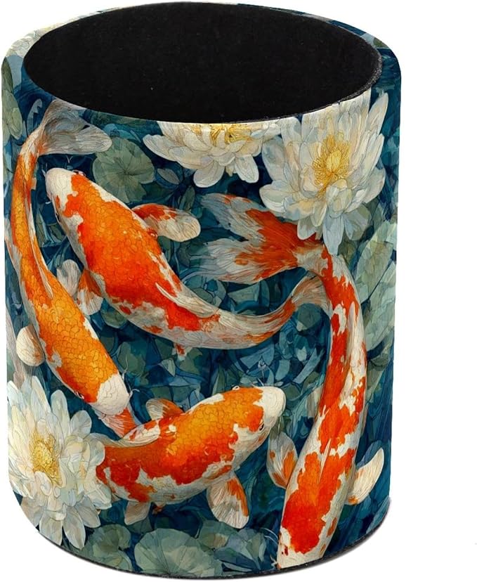 Faux Leather Pen Holder for Desk, Pencil Organizer Lucky Fish Pen Cup Desk Decor Makeup Brush Holder Storage for Office Home