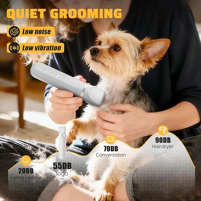 Dog Hair Clippers Grooming Kit and Paw Trimmer Nail Grinder Quiet,Dog Trimmer for Grooming,4-in-1 Rechargeable Cordless Low Noise Dog Shaver Grooming for Dogs Pets Cats(White)