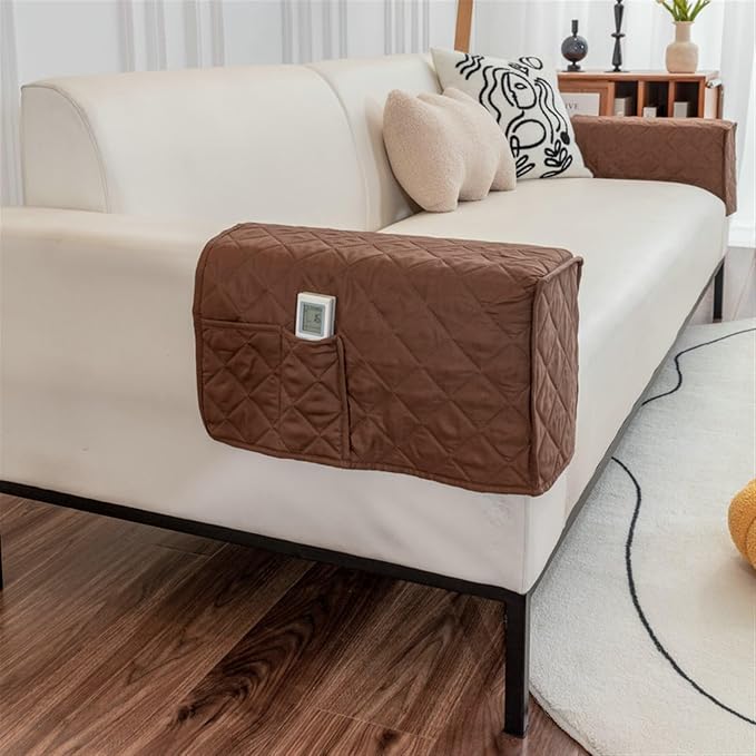Modern Couch Arm Covers Universal Arm Rest Covers for Sofa Thickened Arm Chair Covers Set of 2 with Pockets Waterproof and Ant-Slip Armrest Organizer(Brown)