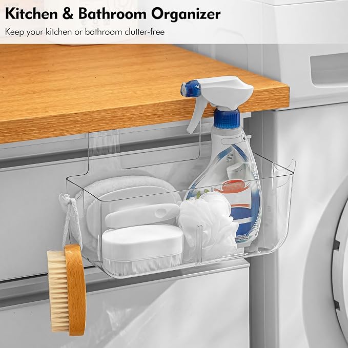 Poeland 2 Pack Over Cabinet Door Organizer, Plastic Storage Bin with 2 Hooks, Over Cabinet Holder for Kitchen, Pantry, Bathroom, Inside or Outside Door (Transparent)